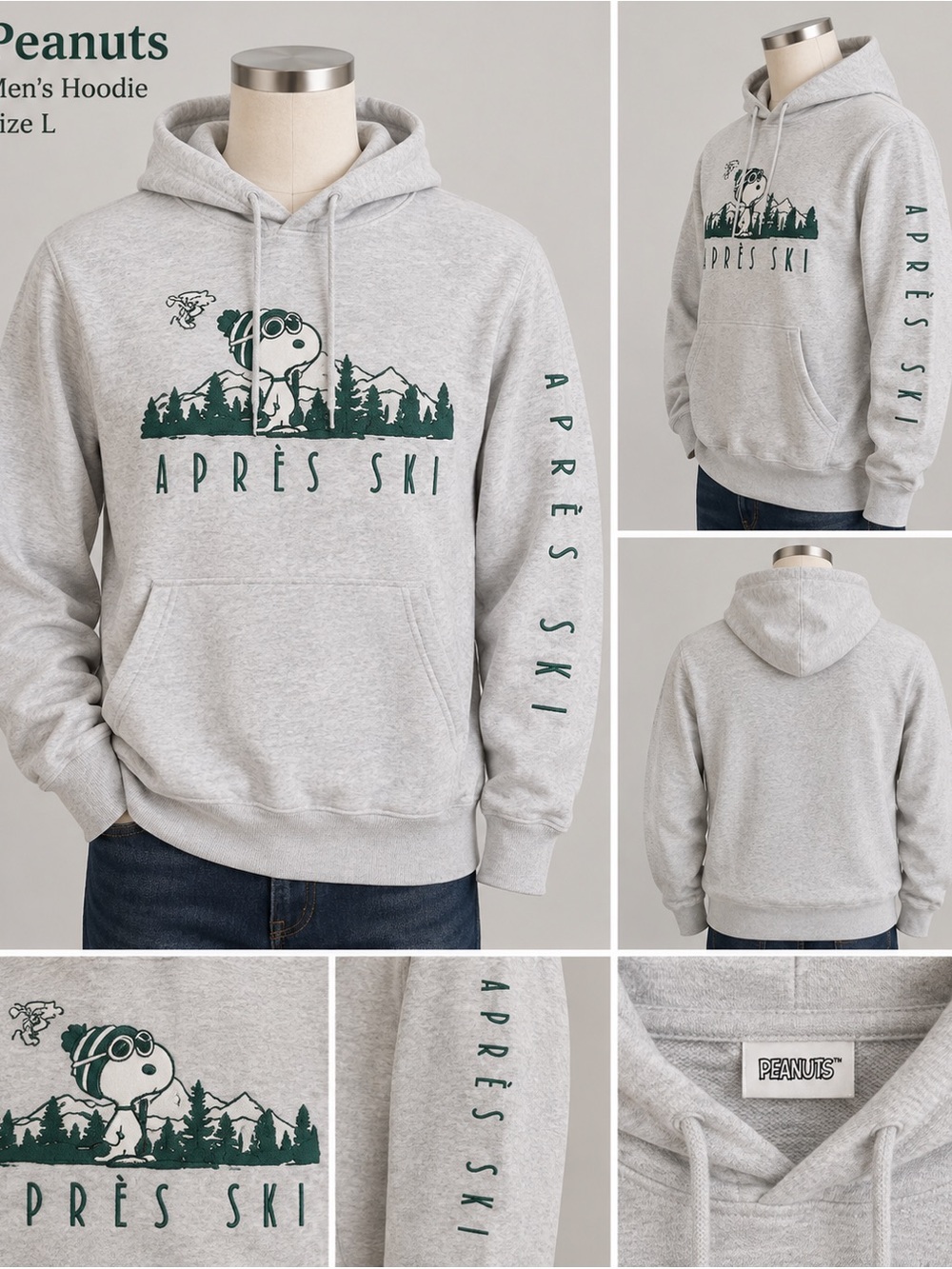 Peanuts Light Gray Hoodie with Green Après Ski Graphics